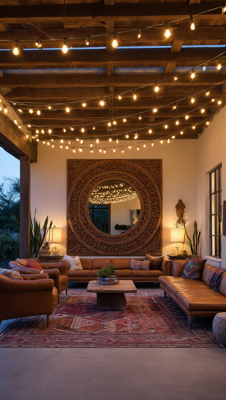 Boho lounge at twilight with string lights on wooden beams, vintage seating, global textiles, large carved mirror, and layered rugs.