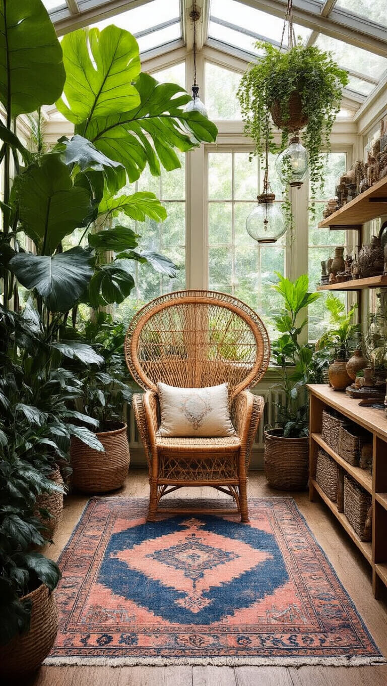 Boho greenhouse sunroom with rattan peacock chair, lush plants, glass terrariums, vintage rug, and global artifacts on wooden shelves.