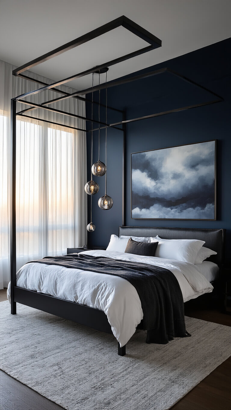 Moody navy bedroom at sunset with black trim, modern blackened steel canopy bed, white and charcoal bedding, abstract gray-blue art, smoky glass pendant lights, and sheer backlit curtains.