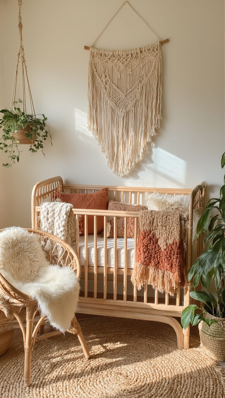 Boho chic nursery with natural wood crib, macramé wall hanging, rattan hanging chair, jute rug, and earthy-toned textiles illuminated by golden hour sunlight.