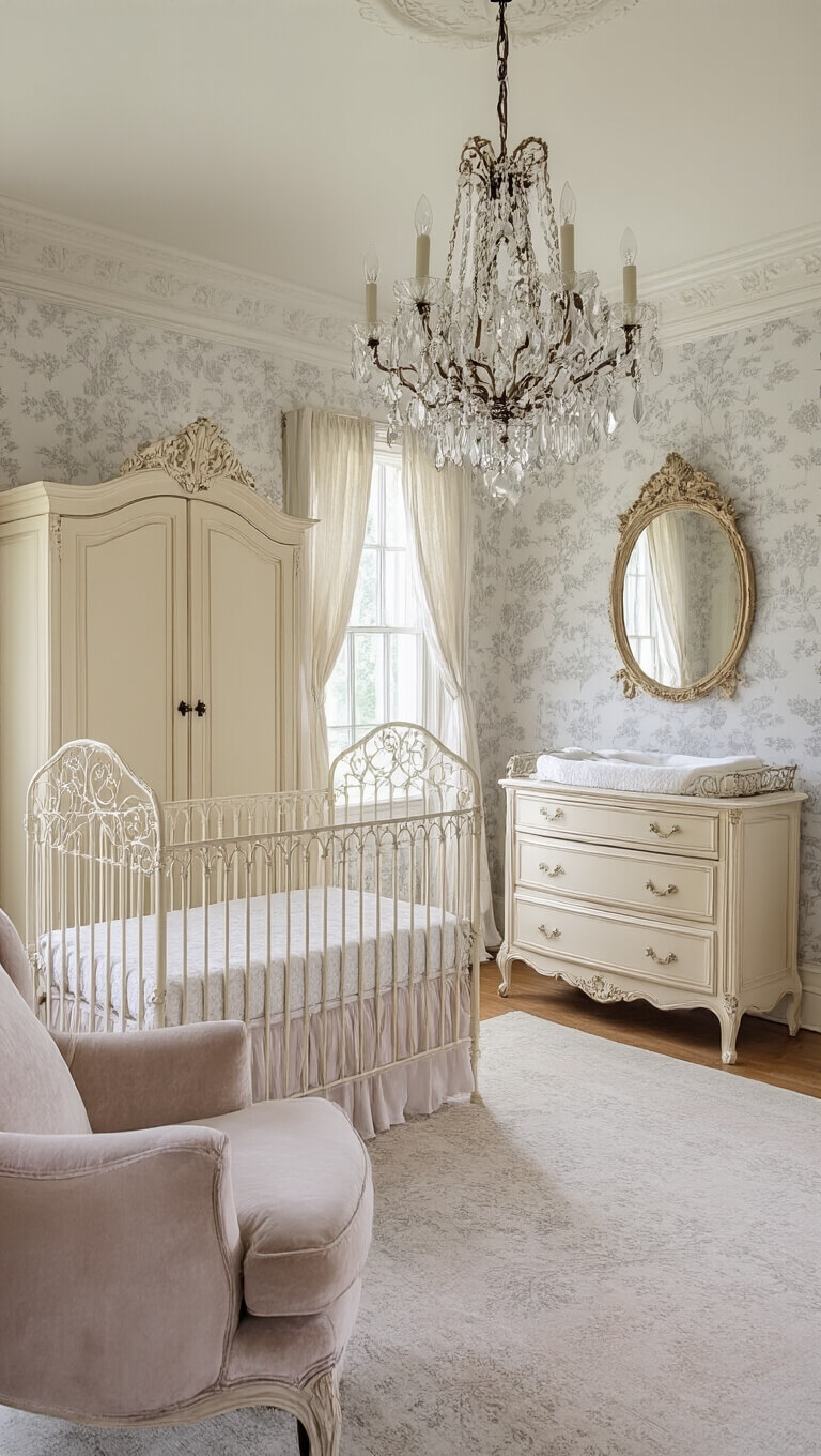Elegant French Provincial nursery with cream iron crib, antique armoire, crystal chandelier, toile wallpaper, and velvet nursing chair in soft gray and pale pink tones.