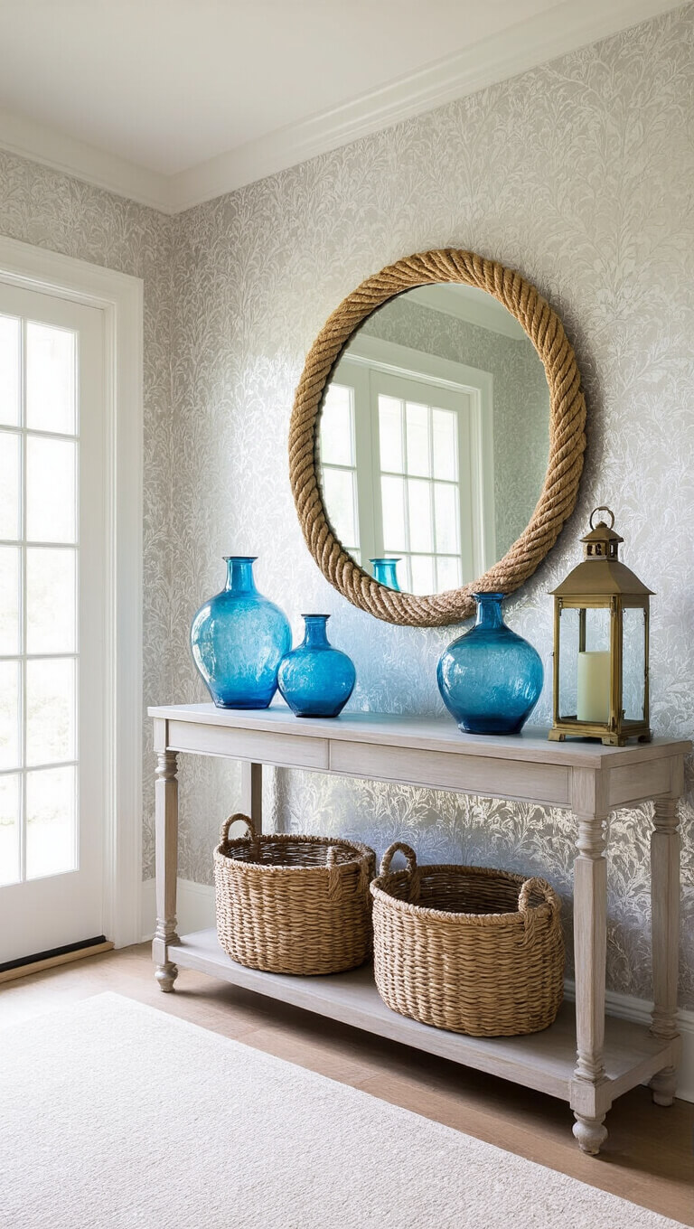 Bright 12x14ft entryway with silver and white coral-patterned wallpaper, blue glass decor, vintage brass lanterns on a console table, and a large round mirror with rope trim reflecting natural light.