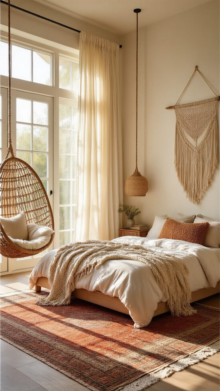 Boho teen bedroom with platform bed, macramé wall hanging, layered vintage rugs, rattan chair, and golden sunlight through floor-to-ceiling windows.