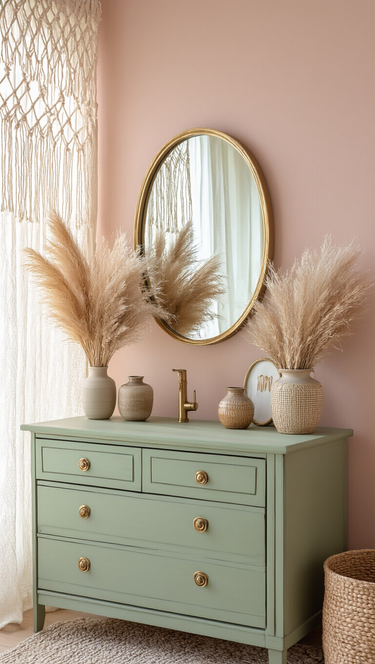 Boho vanity with sage green dresser, pampas grass, and oval mirror against blush pink wall in afternoon light.