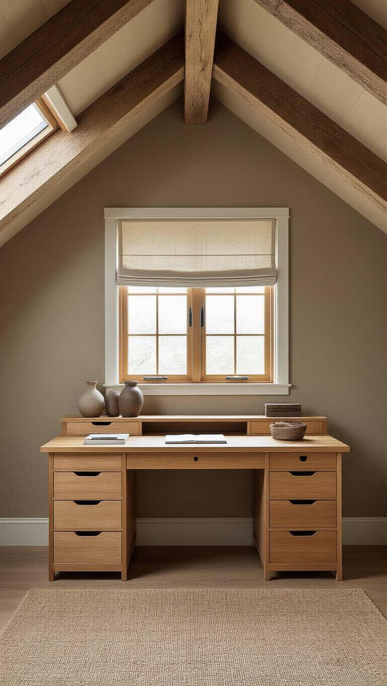 Cozy attic office with exposed wooden beams, a traditional Japanese-style wooden desk, warm greige walls, skylight lighting, and handcrafted pottery accessories.