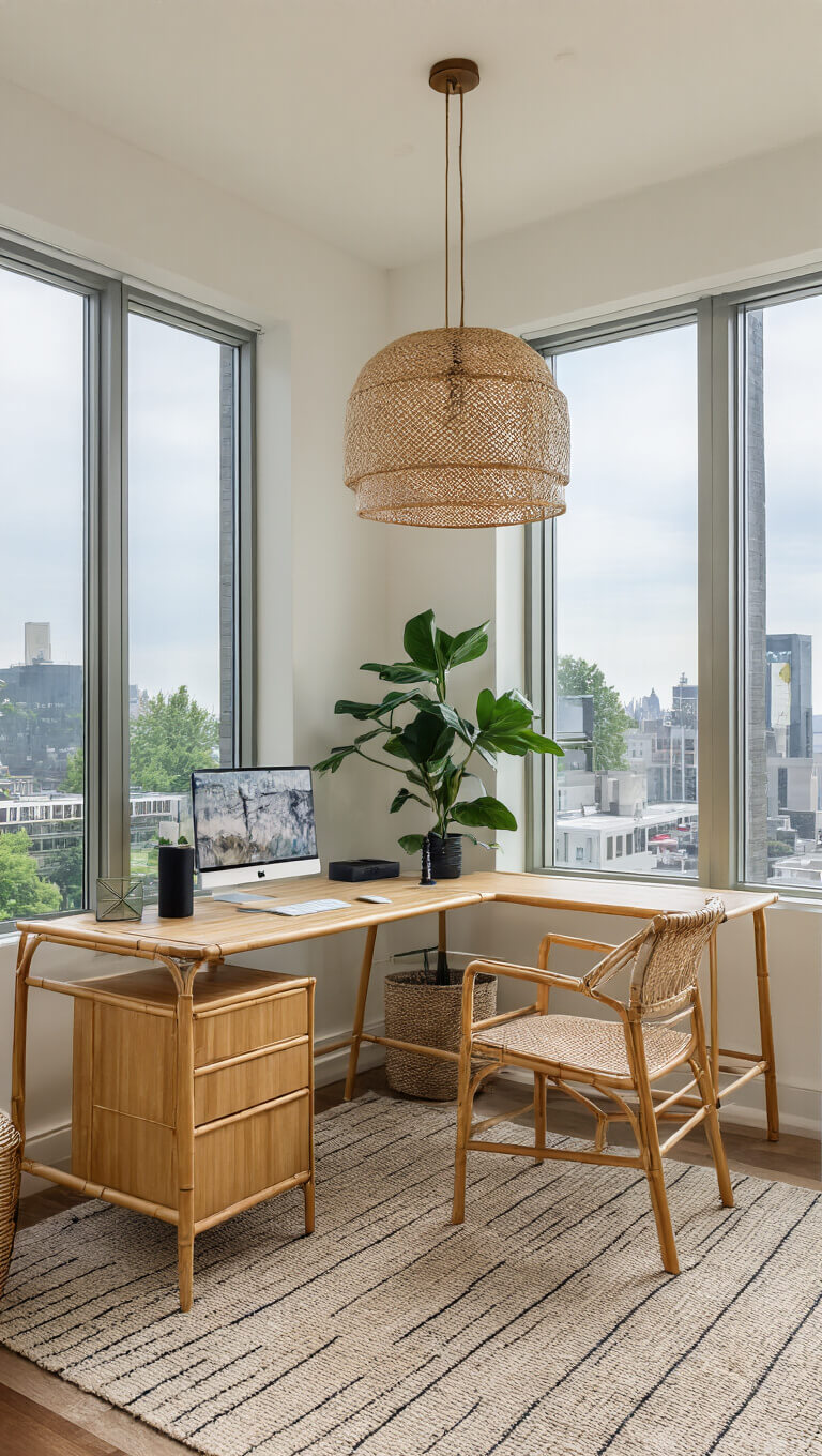Bright corner office with floor-to-ceiling windows, L-shaped bamboo desk, natural linen chair, woven pendant light, monstera plant, and geometric wool rug.