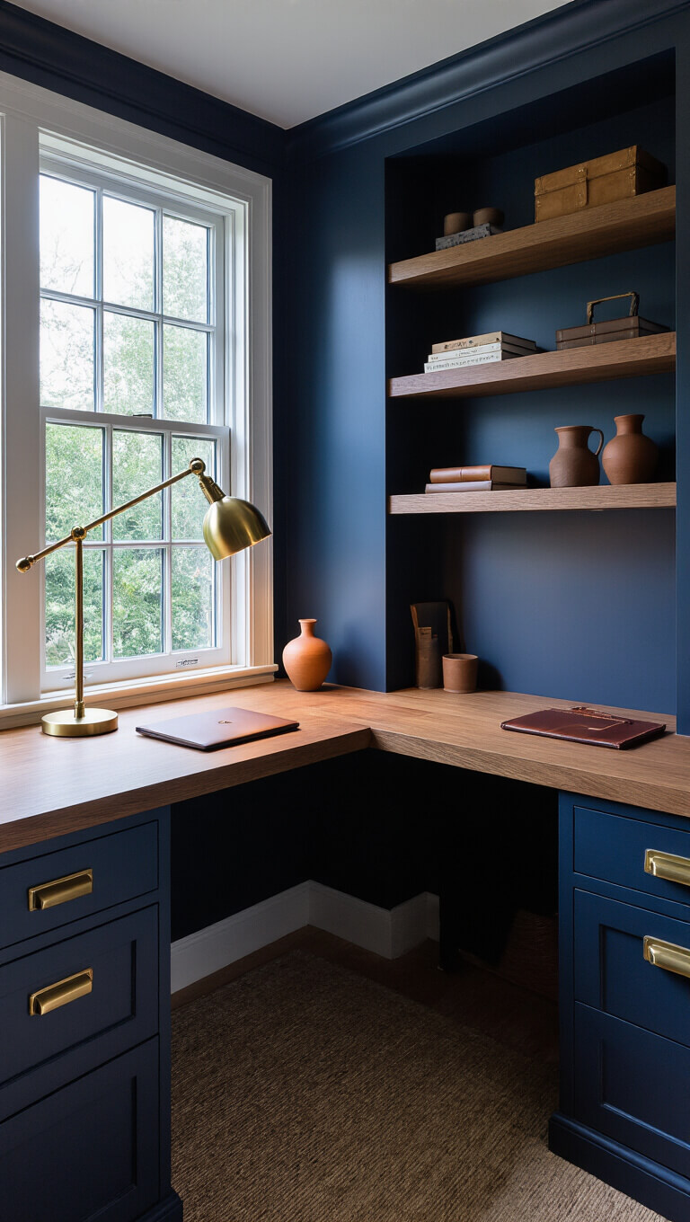 Moody twilight study nook with smoked oak floating desk, deep navy walls, brass task lamp, and ceramic vessels.