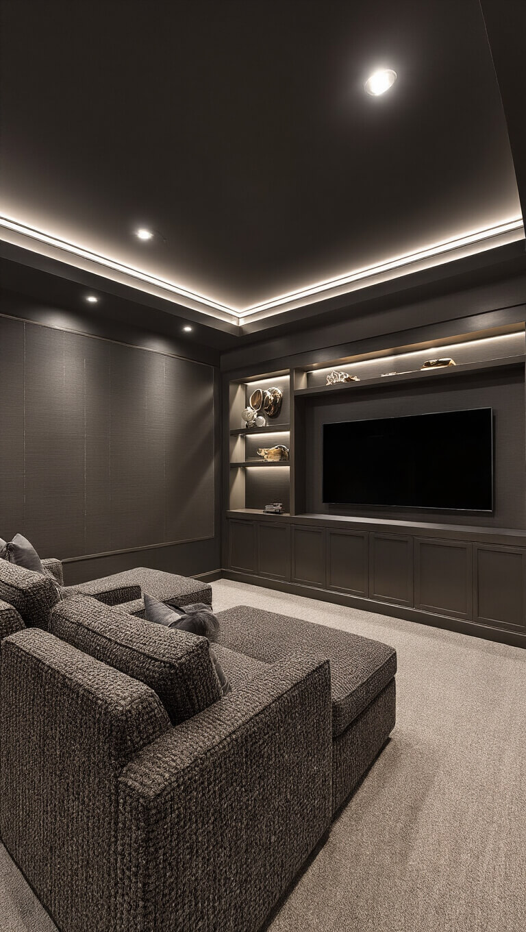 Modern 16x18ft media room with charcoal tones, ambient LED lighting, custom media wall, floating shelves, bouclé seating, and woven wallcovering.