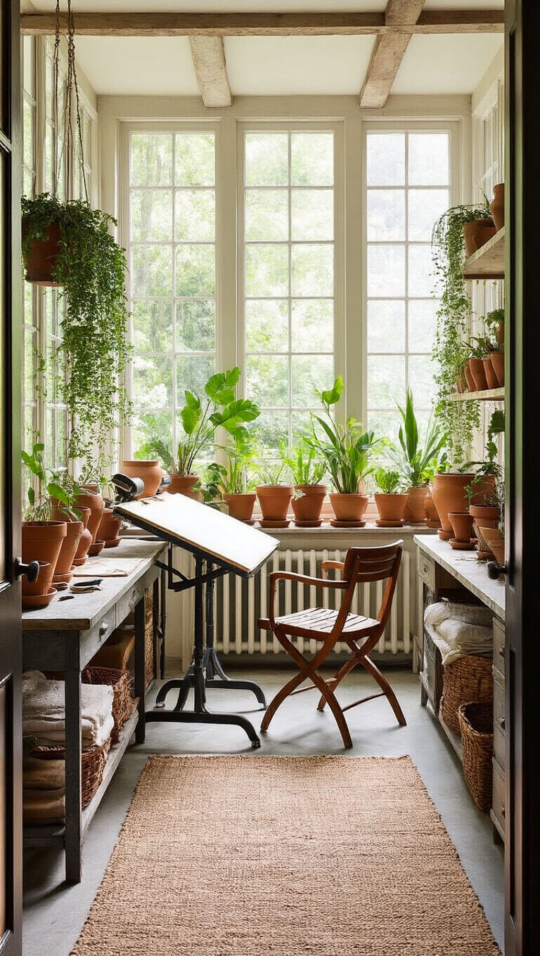 Sunlit artist's sunroom with floor-to-ceiling windows, terracotta potted plants on industrial shelves, vintage drafting table, bentwood chair, and natural rug over concrete floor.