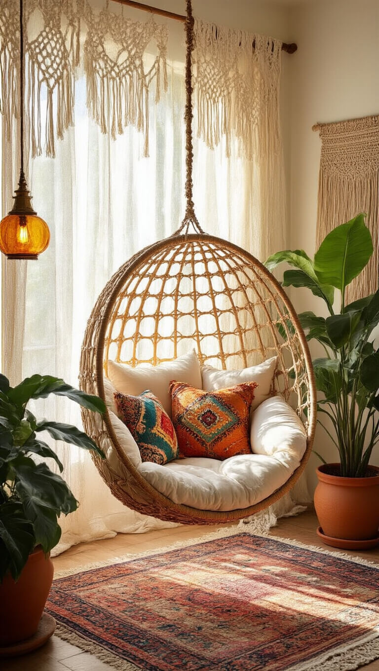 Boho reading corner with suspended rattan chair, cream cushions, Moroccan pillows, monstera plant, vintage rugs, brass lamp, and macramé curtains glowing in late afternoon light.