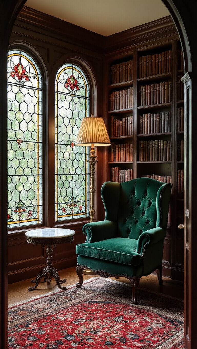 Victorian-style reading alcove with emerald velvet wingback chair, stained glass window, brass floor lamp, marble-top side table, floor-to-ceiling bookshelf with ladder, and jewel-toned Oriental rug, bathed in soft afternoon light.