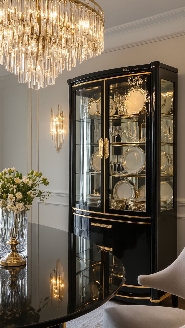 Art deco dining room with high gloss black china cabinet, crystal chandelier, gold hardware, and mirror backsplash at golden hour.