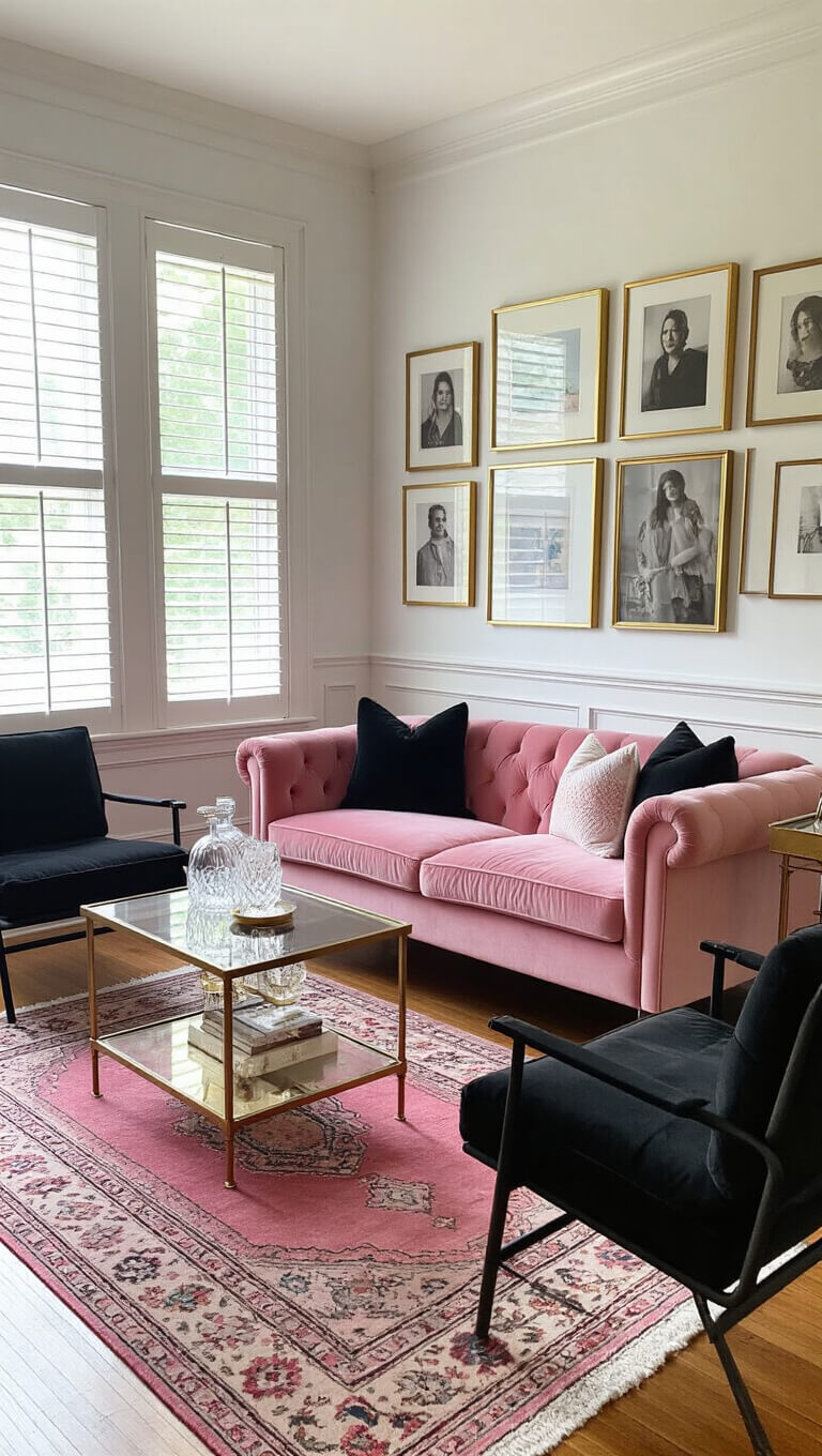 Cozy 14x16ft living room with hardwood floors, pink velvet loveseat, black metal chairs, layered rugs, gallery wall, and brass bar cart in soft morning light.