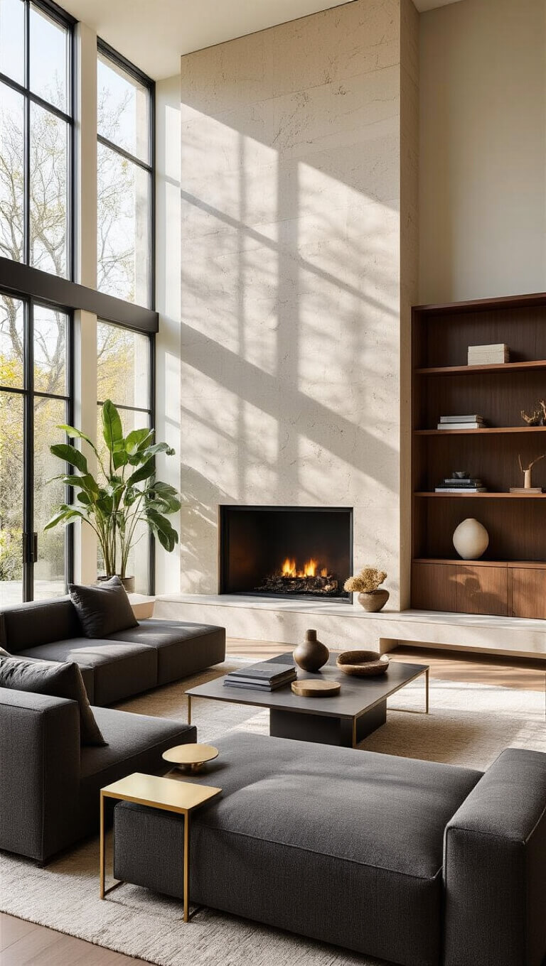 Sophisticated modern living room with charcoal sectional, limestone fireplace, walnut shelving, and brass accents in late afternoon light.