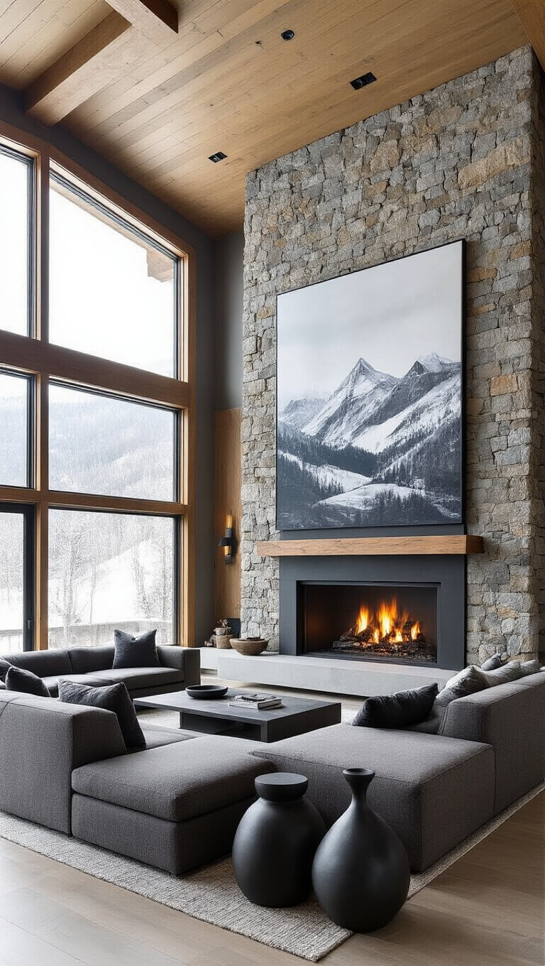 Contemporary mountain lodge great room with dramatic stone fireplace, floating concrete hearth, charcoal bouclé sectional, and snowy light through clerestory windows.