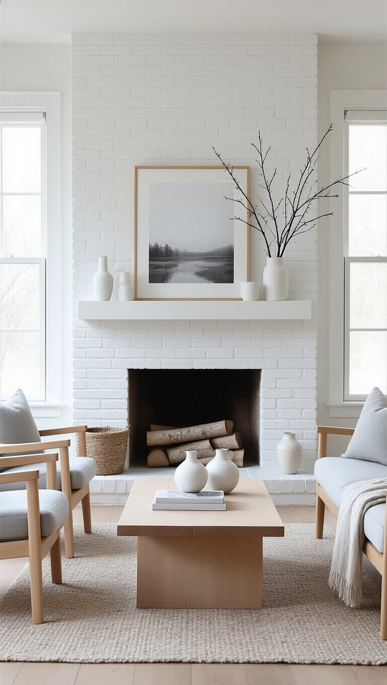 Scandinavian minimal living room with white brick fireplace, light oak furniture, grey upholstery, and soft natural light in serene setting.