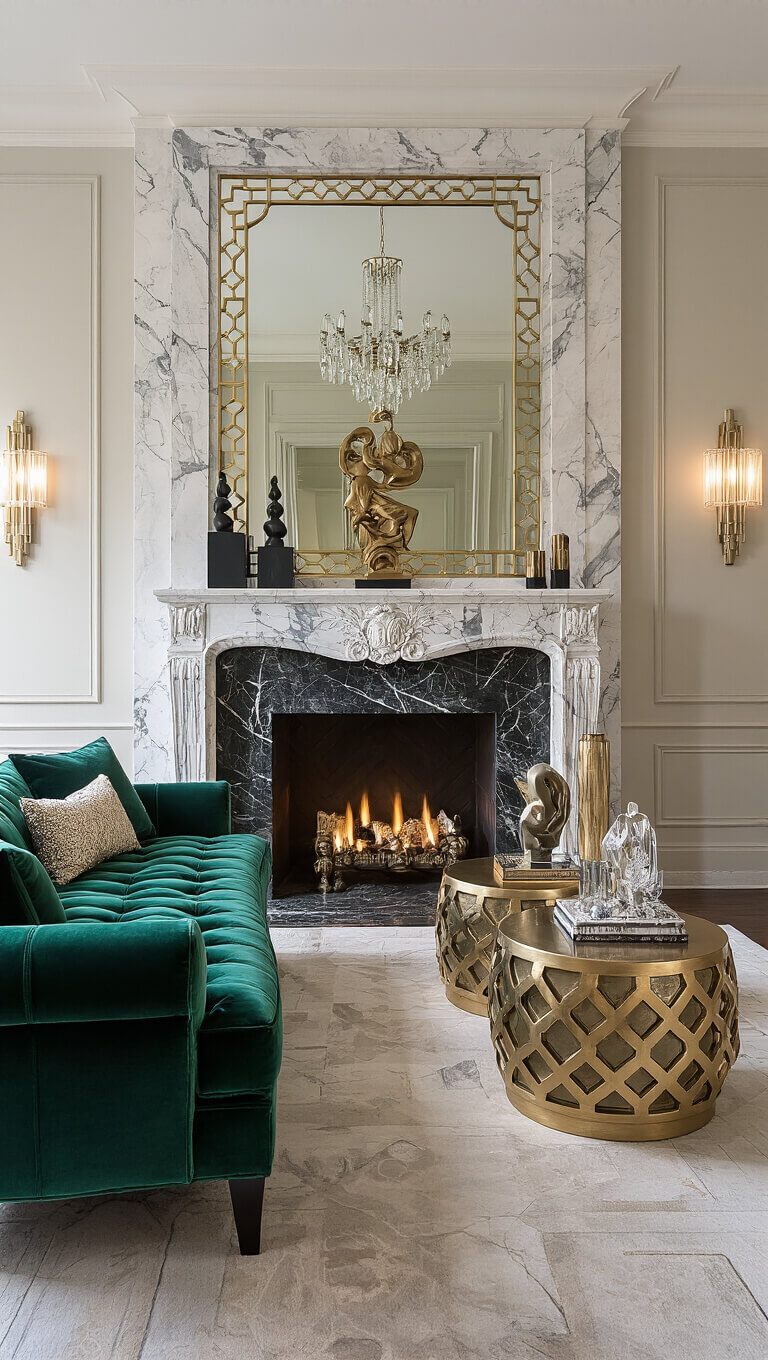 Luxurious Hollywood Regency formal living room with geometric marble and brass fireplace, emerald velvet tufted sofa, lacquered side tables, crystal decor, and dramatic evening uplighting.