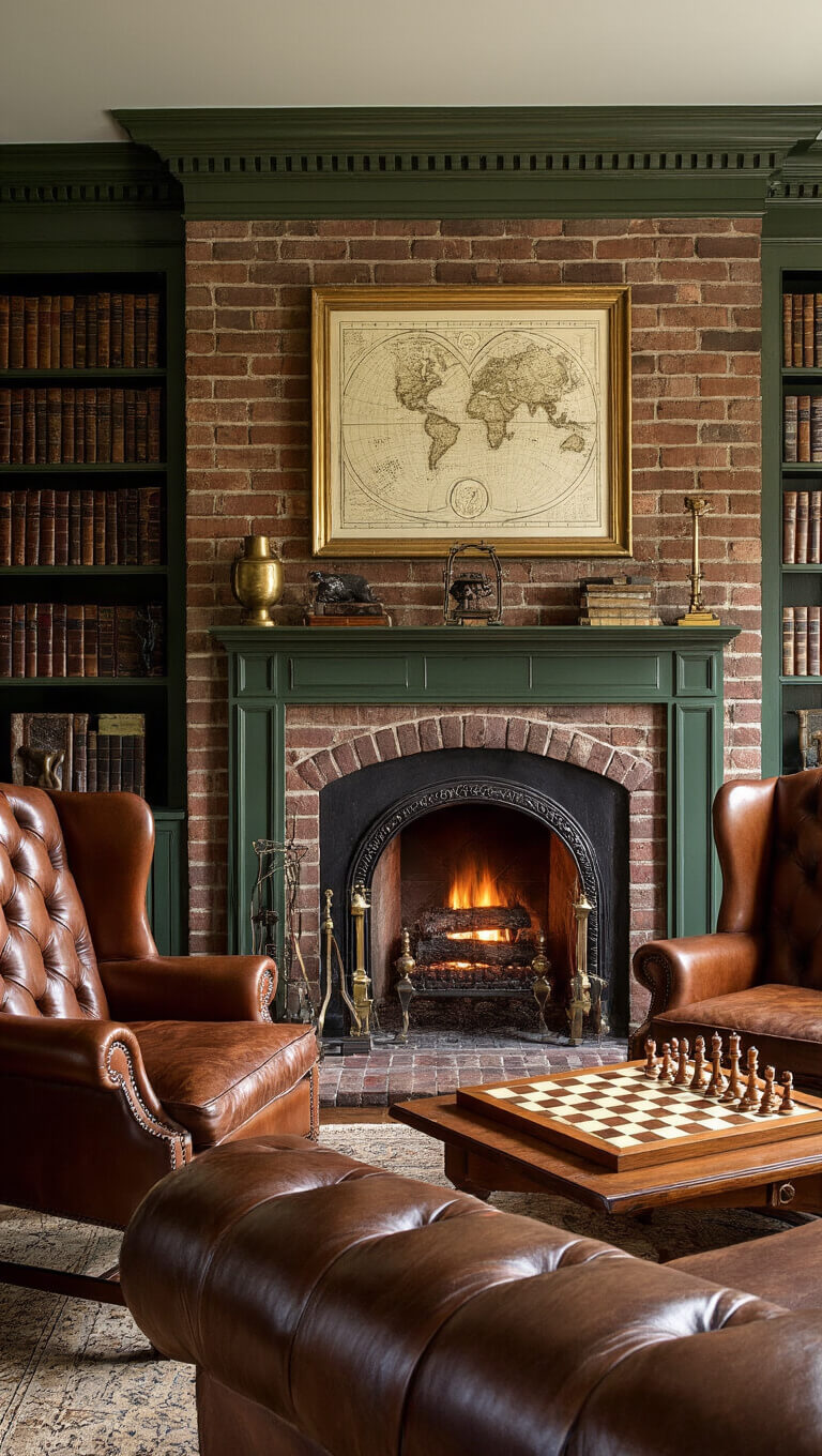 Cozy English library study with brick fireplace, leather wing chairs, wooden chess table, vintage decor, and warm ambient lighting on a rainy afternoon.