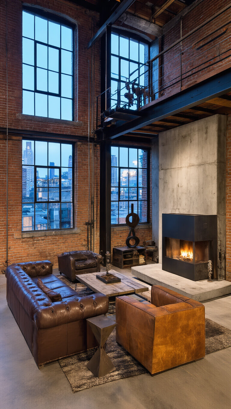 Urban industrial loft with steel and concrete fireplace, vintage leather seating, factory windows showing twilight city view, styled with modern art and industrial decor.