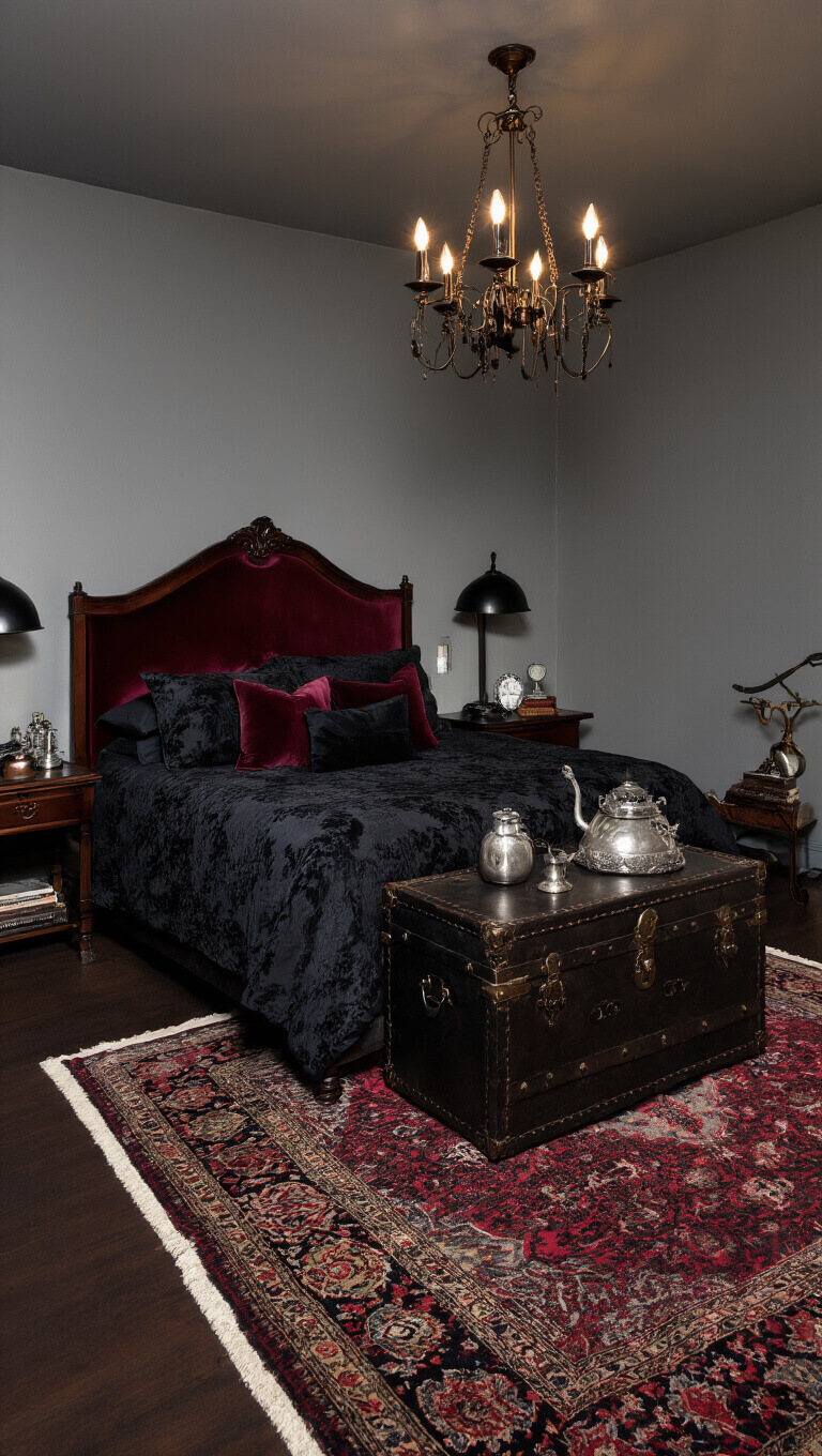Victorian-style bedroom at midnight with dark wood bed, black and burgundy bedding, moody lighting, vintage rugs, and antique decor.
