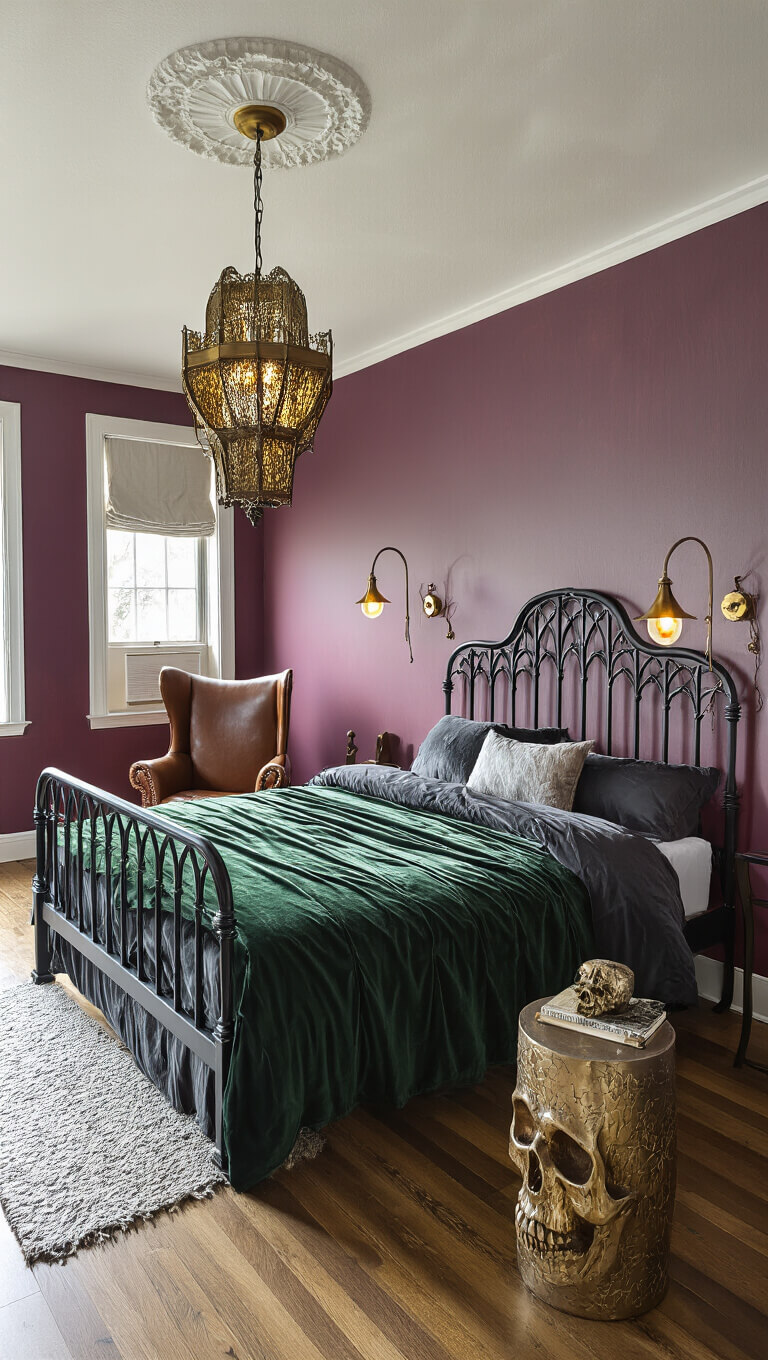 Stormy afternoon in small gothic-style bedroom with matte black bed, dark silk and velvet bedding, warm brass lighting, plum walls, leather wing chair, and skull-themed side table.
