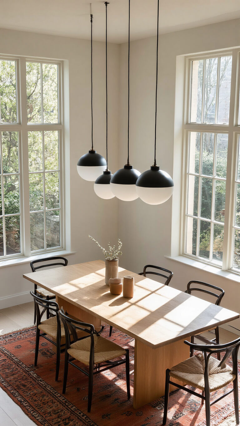 Airy Japandi-style dining room with sunlight streaming through tall windows onto a blonde wood table, black pendant lamps, and a vintage kilim rug.