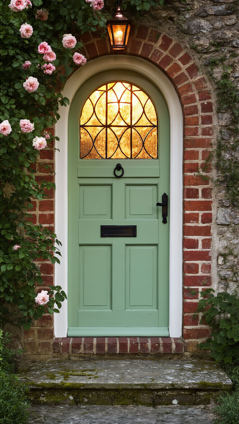 Charming English cottage doorway at sunset with green round-top door, climbing roses, brick archway, and mossy stone step lit by golden hour glow.