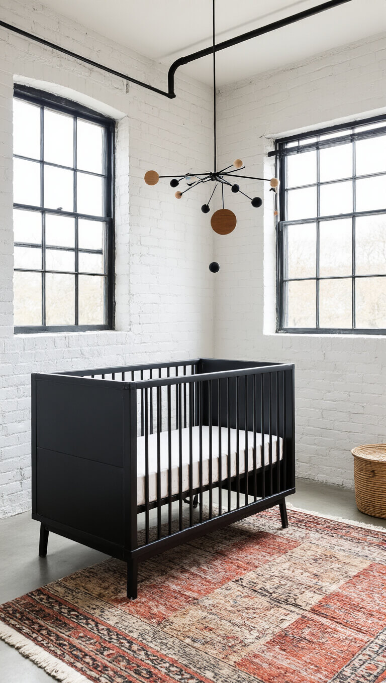 Industrial-modern nursery with white-painted exposed brick, concrete floors, layered vintage rugs, matte black metal crib with leather details, and large black-framed factory windows.
