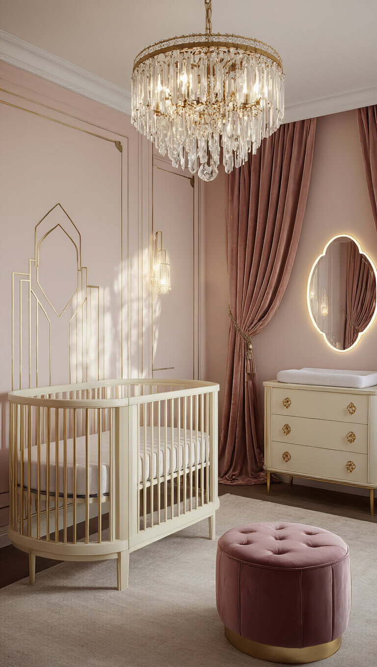 Art deco nursery with blush pink walls, gold geometric decals, cream oval crib with brass accents, crystal chandelier casting shadows, jewel-toned velvet ottoman, silk curtains, and mirrored changing table reflecting warm evening light.