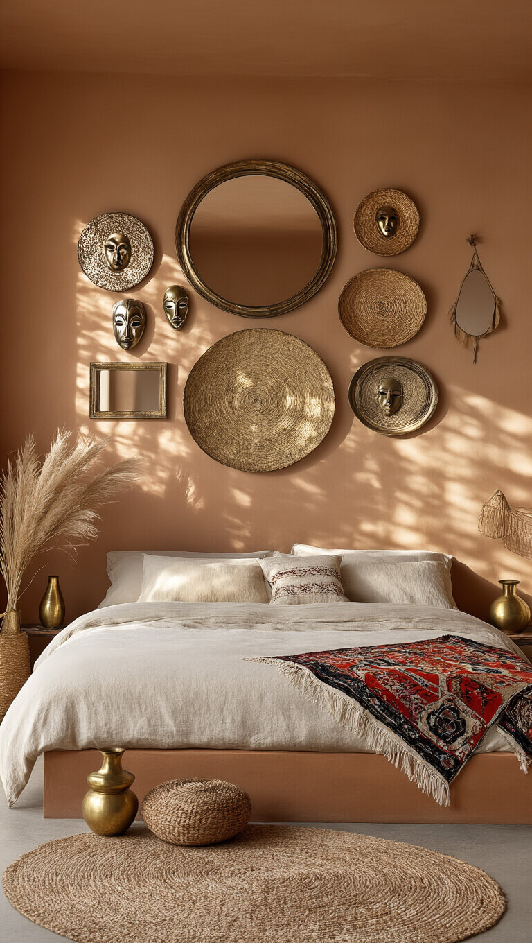 Modern 16x14ft bedroom with clay-colored wall featuring vintage mirrors, masks, and woven plates, sunlit natural linen bed with Moroccan wedding blanket, brass vessels, and pampas grass accents.
