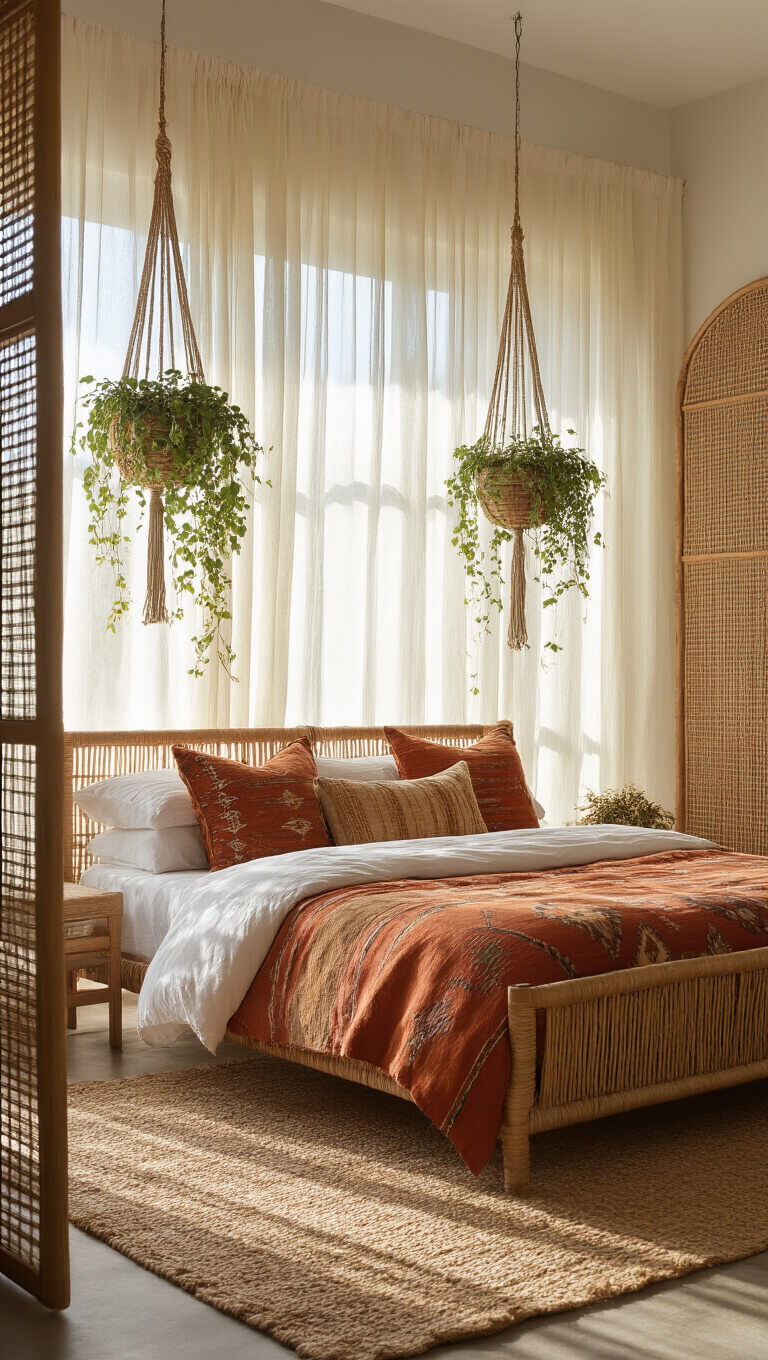 Serene 14x16ft bedroom with queen bed, vintage kilim pillows, floor-to-ceiling rattan screens behind gauzy curtains casting soft shadows, hanging macramé planters, and natural jute rug in warm morning light.