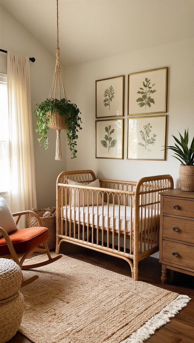 Boho-chic nursery with rattan crib, velvet rocker, macramé planter, and layered rugs at golden hour.