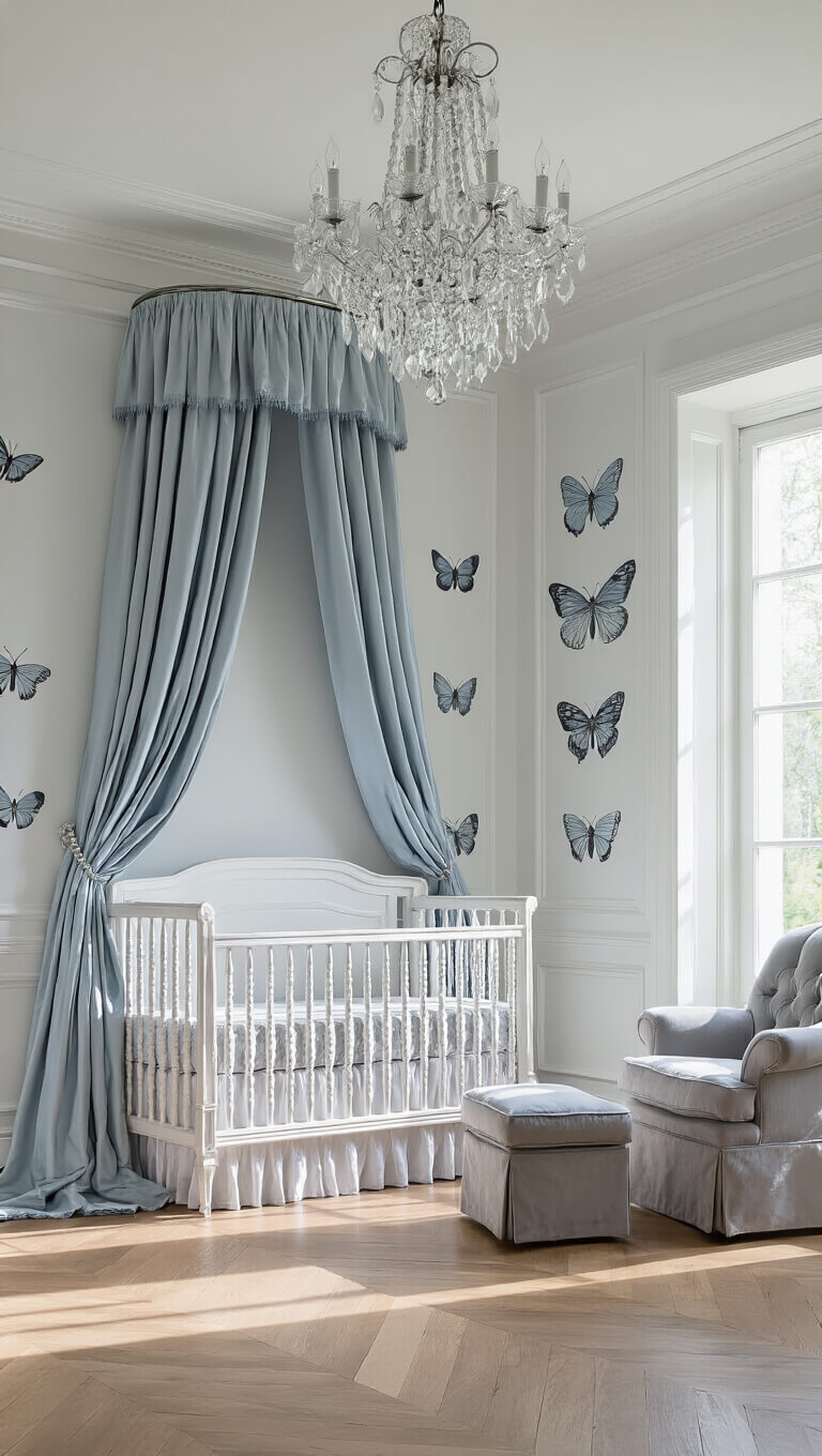 Elegant French-inspired nursery with white crib, grey glider, pale blue drapes, and crystal chandelier in bright, airy 15x15ft room.
