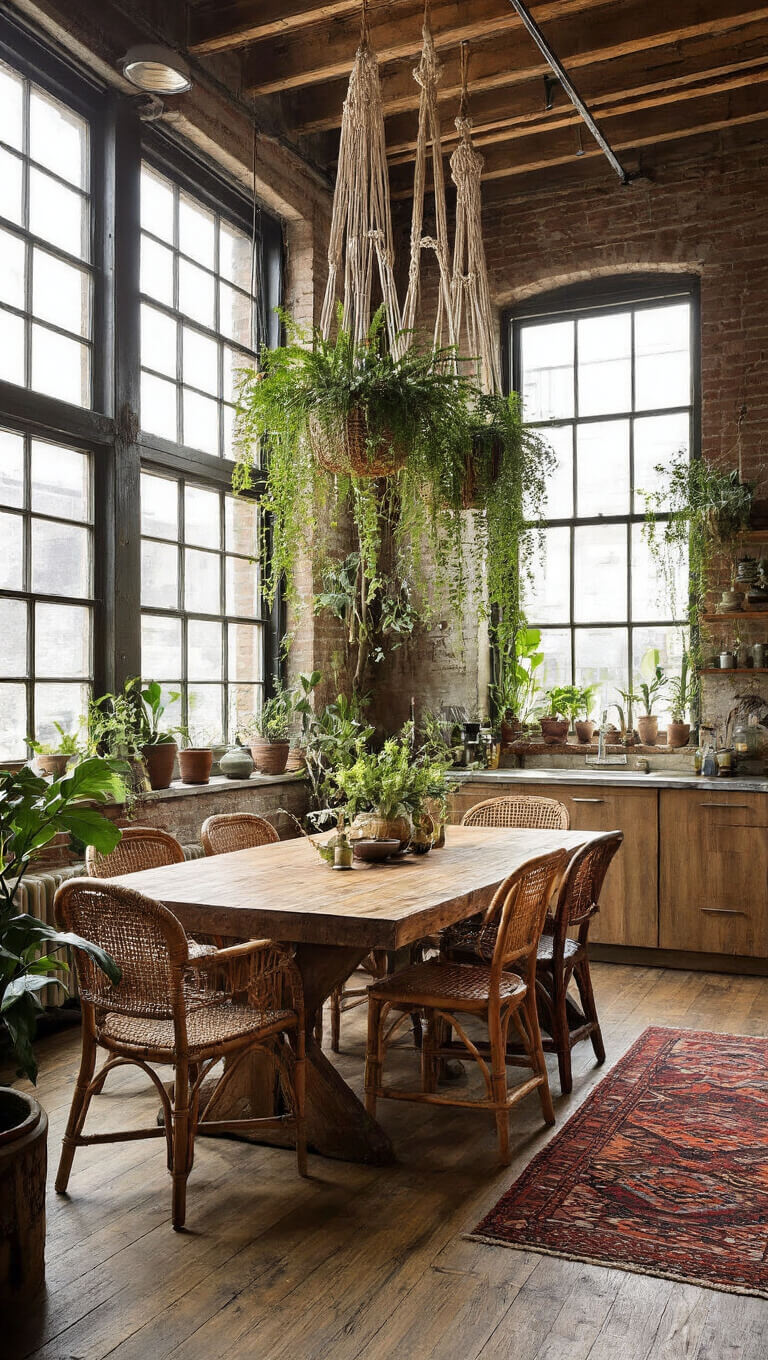 Eclectic 12x14ft loft dining area with reclaimed wood table, mixed vintage chairs, large macramé wall hanging, hanging plants as chandelier, kilim runner, and industrial windows flooding space with light.