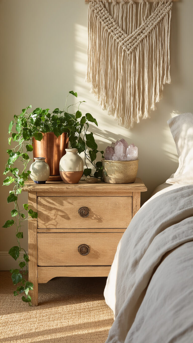 Cozy bedside scene with vintage nightstand, ceramic vessels, ivy in copper pot, and crystal clusters in soft morning light.