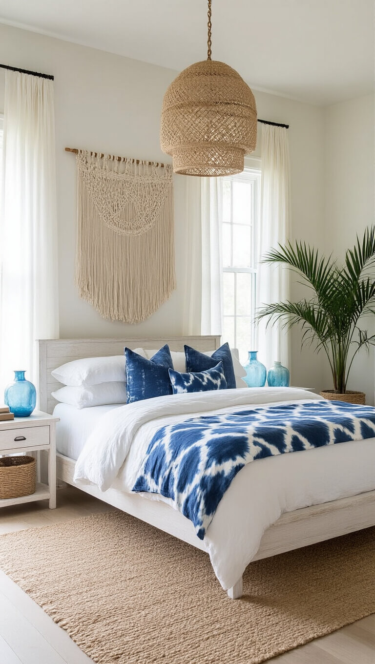 Coastal bedroom with white oak bed, indigo pillows, macramé wall hanging, and soft natural light through linen curtains.