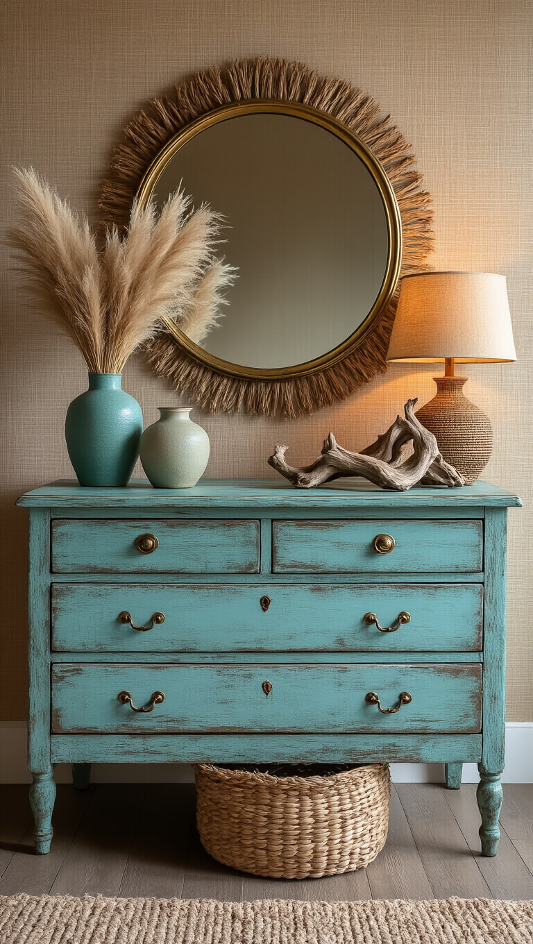 Distressed turquoise dresser with brass mirror, ceramic vases, driftwood sculpture, and rattan lamp in warmly lit corner against sand-toned grasscloth wallpaper.