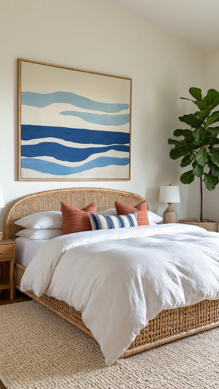 Main bedroom with rattan bed, white duvet, striped pillows, abstract seascape, ivory wool carpet, and fiddle leaf fig in natural morning light.