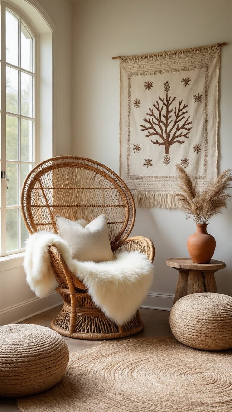 Cozy reading nook with rattan peacock chair, sheepskin throw, rustic side table, dried botanicals, and wall art, lit by afternoon sunlight.