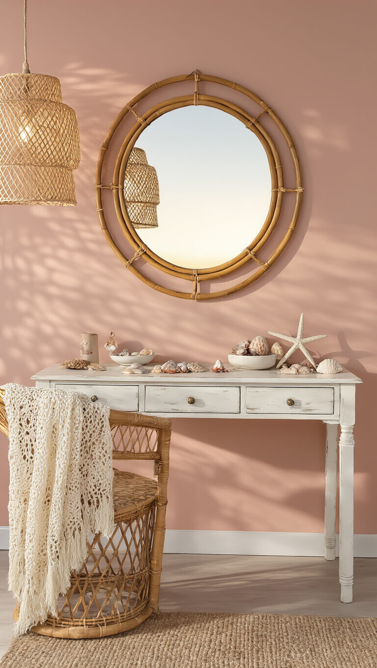 Dreamy vanity with vintage mirror, shell decor, and rattan chair against blush pink wall at sunset.