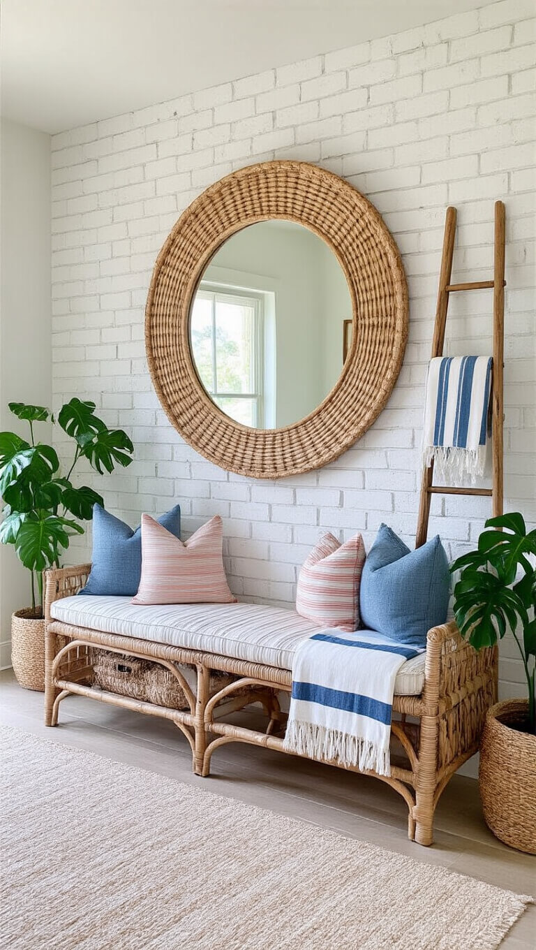 Wide-angle view of master bedroom with whitewashed brick accent wall, round rattan mirror, vintage ladder with blue and rose Turkish towels, woven bench with coastal blue cushions, and potted monstera.