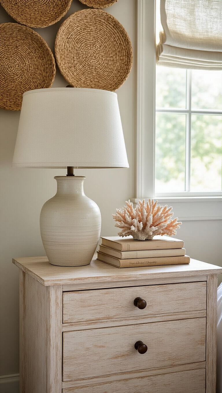 Bedside vignette with ceramic lamp, vintage books, coral decor on bleached wood nightstand; woven wall baskets and soft-filtered morning light.