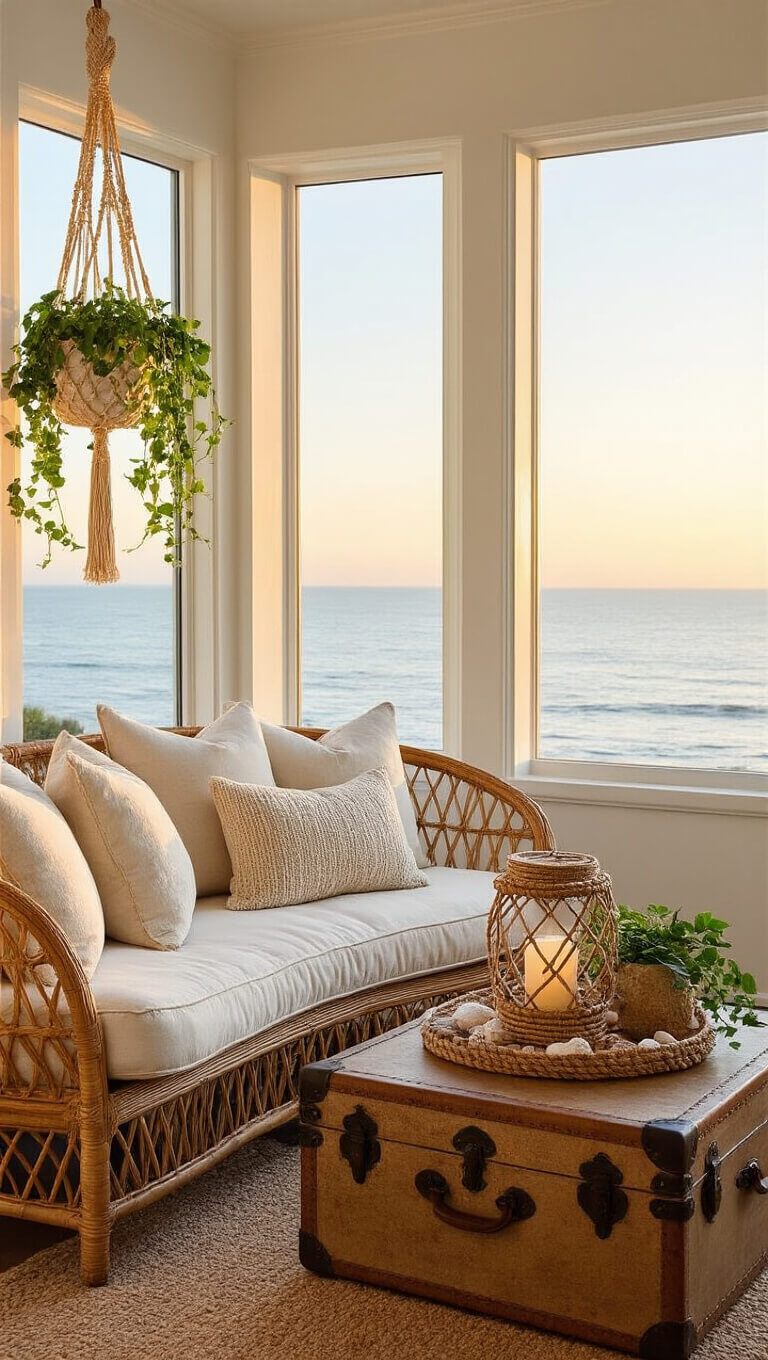 Cozy window-side seating with rattan loveseat, vintage trunk coffee table, and macramé plant hanger in golden hour light.