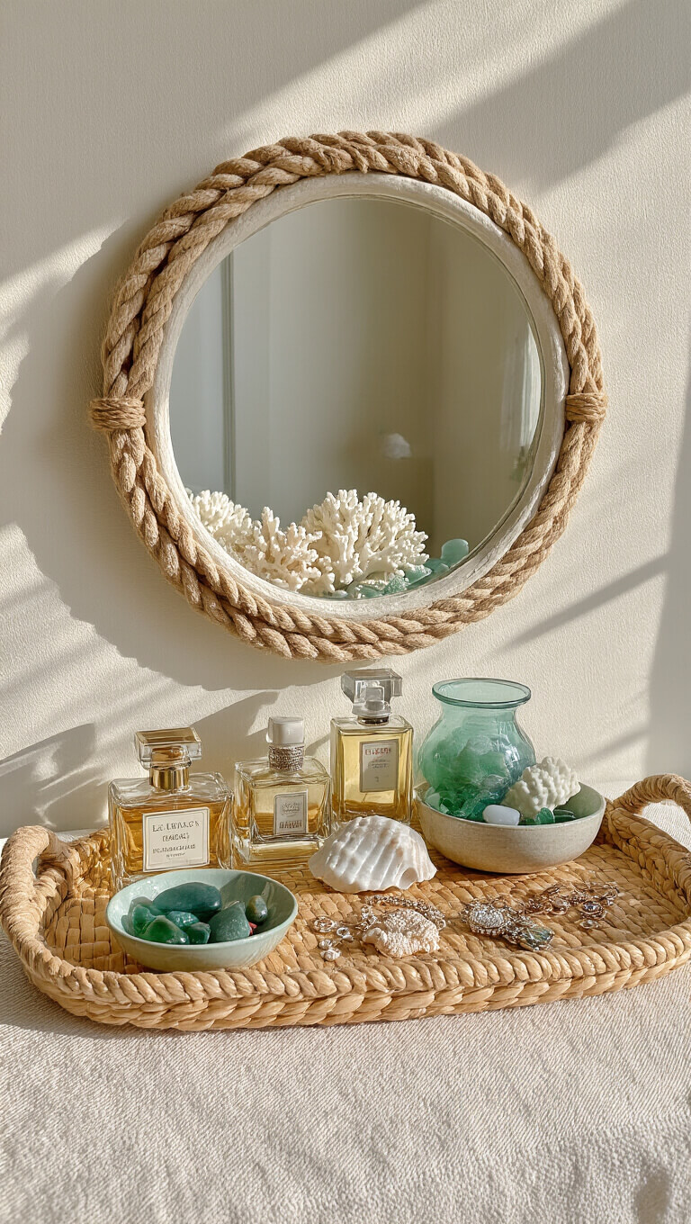 Dresser top with vintage mirror, coastal treasures, and organized perfumes in afternoon light.