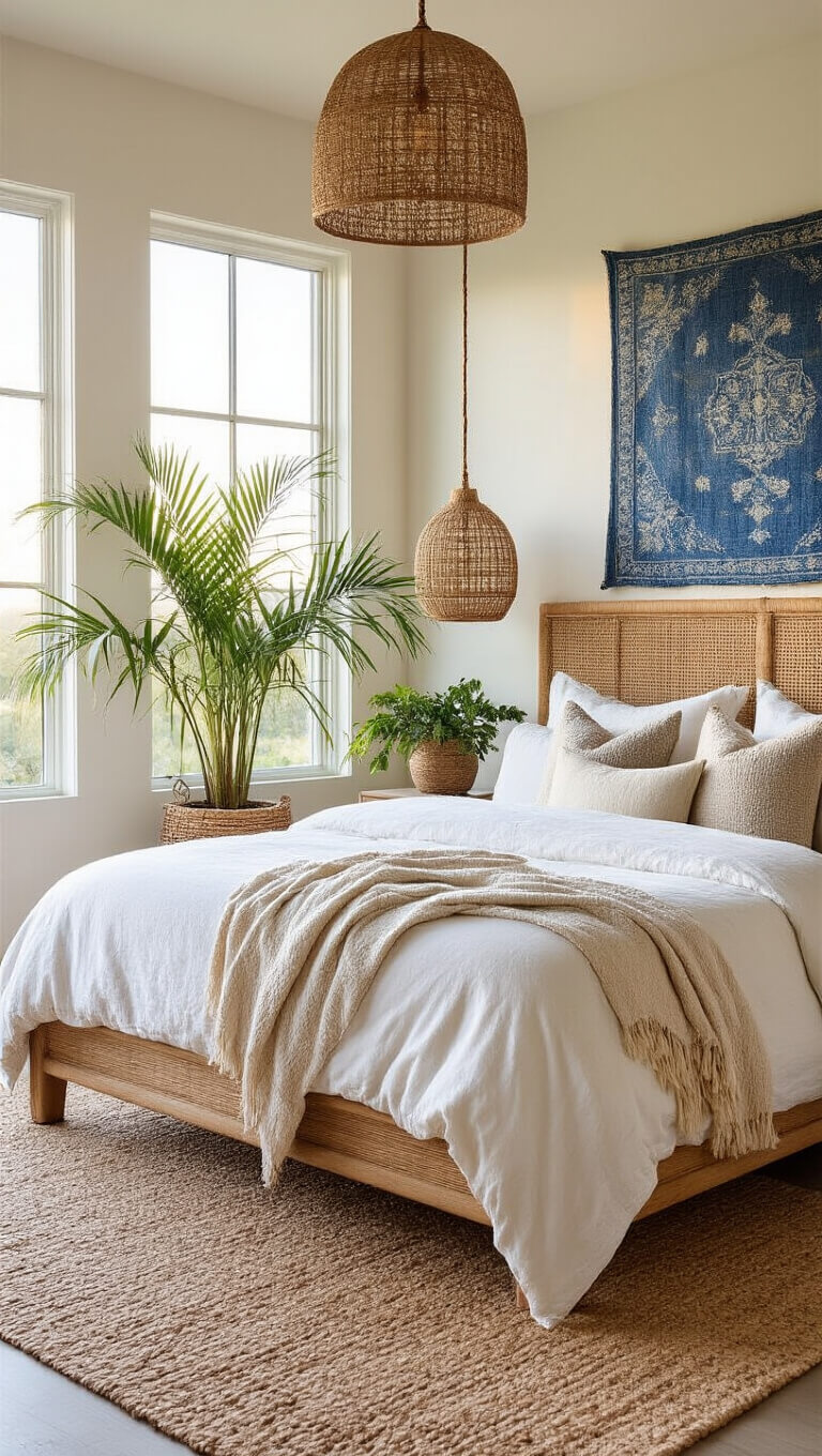 Serene dawn-lit bedroom with king bed, layered neutral linens, seagrass headboard, rattan pendants, vintage indigo art, and potted palms in woven baskets.