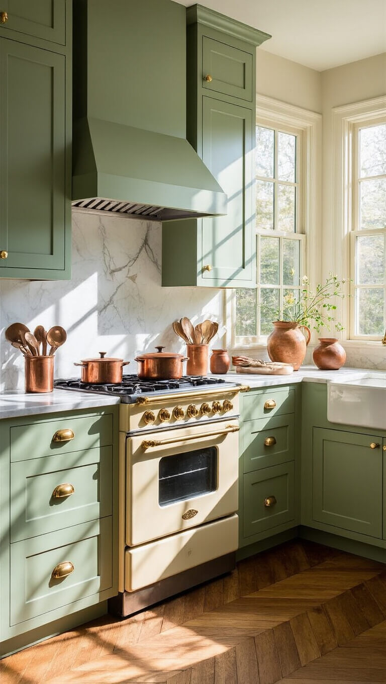 Vintage-inspired kitchen with sage green cabinets, cream 1950s gas range, marble countertops, copper cookware, and sunlight casting shadows on herringbone wood floors.