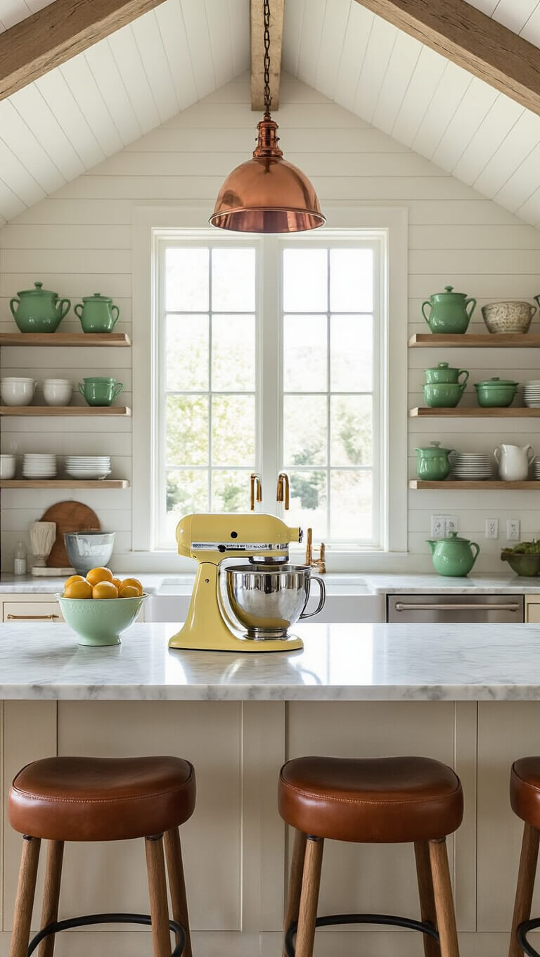 Modern vintage kitchen with white cathedral ceiling, industrial window, buttercream yellow mixer on marble counters, jadeite glassware on open shelves, and leather bar stools.