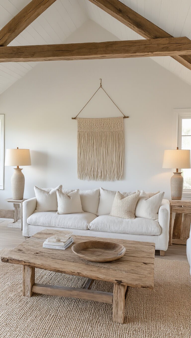 Cozy rustic-modern 15x20ft living room at sunset with exposed wooden beams, ivory sofa, reclaimed wood coffee table, and soft lighting creating a peaceful hygge ambiance.