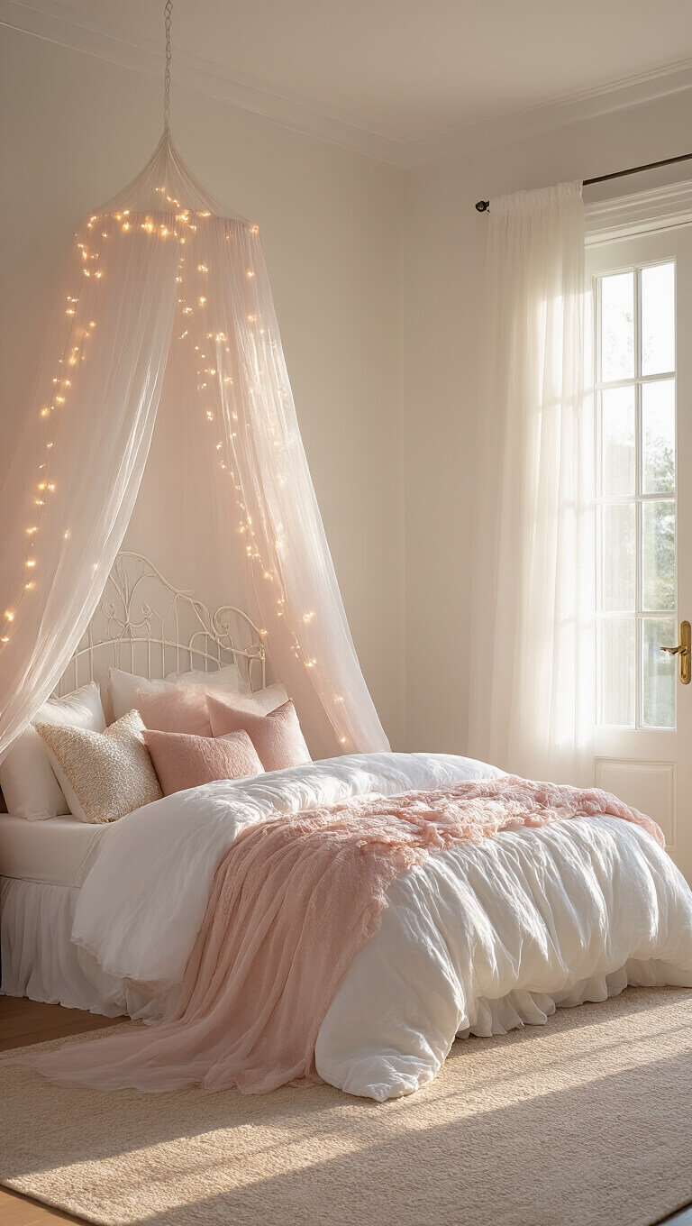 Girl's dreamy 12x14ft bedroom with white canopy bed draped in blush tulle, glowing fairy lights, and layered pink bedding, bathed in golden afternoon light through sheer curtains.