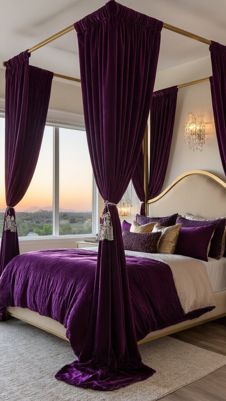 Luxury teen bedroom with champagne gold canopy bed, deep purple velvet drapes, jewel-toned bedding, and crystal wall sconces at sunset, shot from low angle with soft focus on rich textures.
